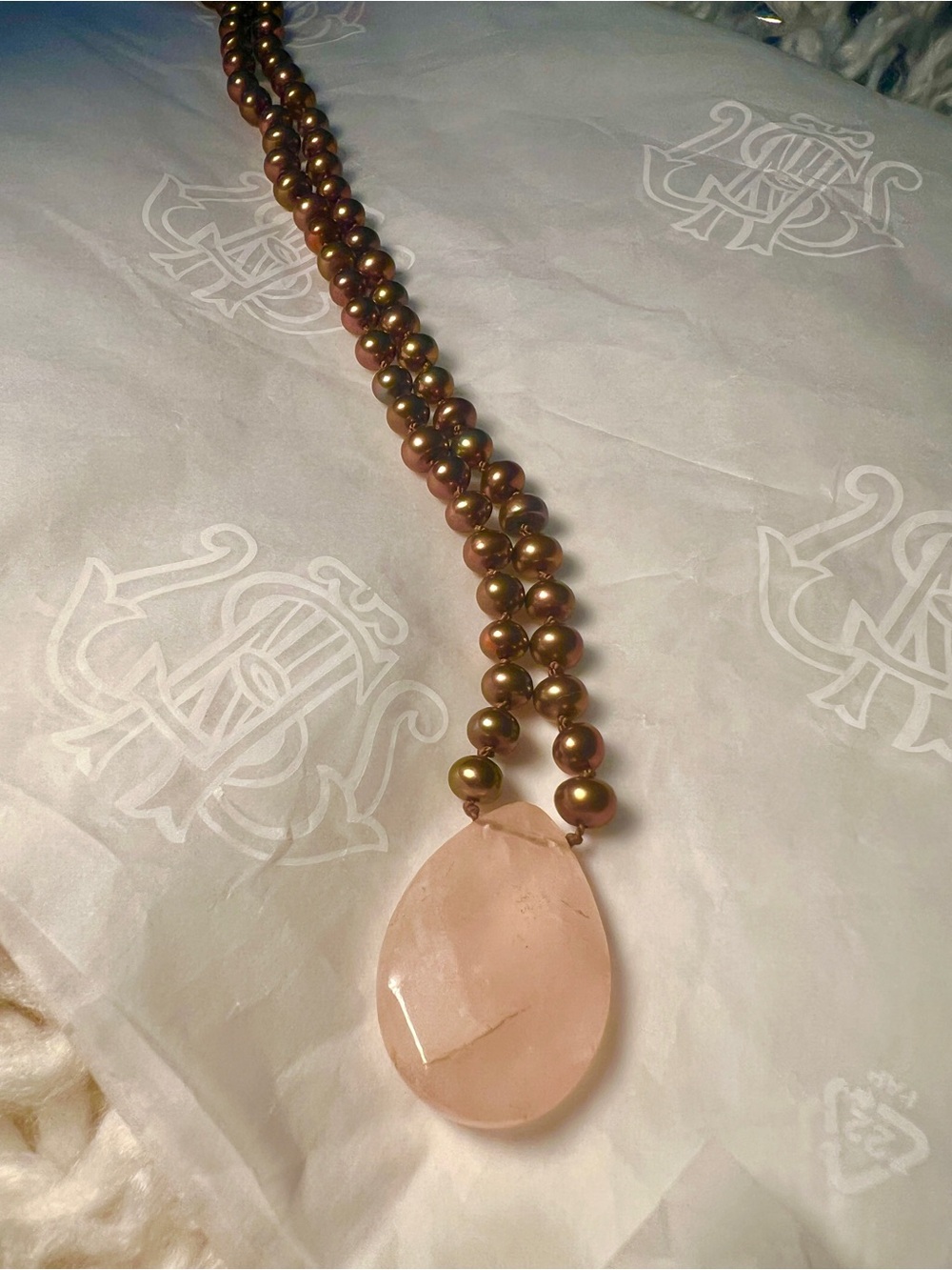 Rose Quartz Pendant Necklace with Bronze Pearls